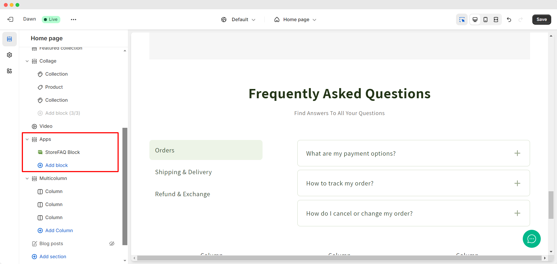 add StoreFAQ block to your Shopify page