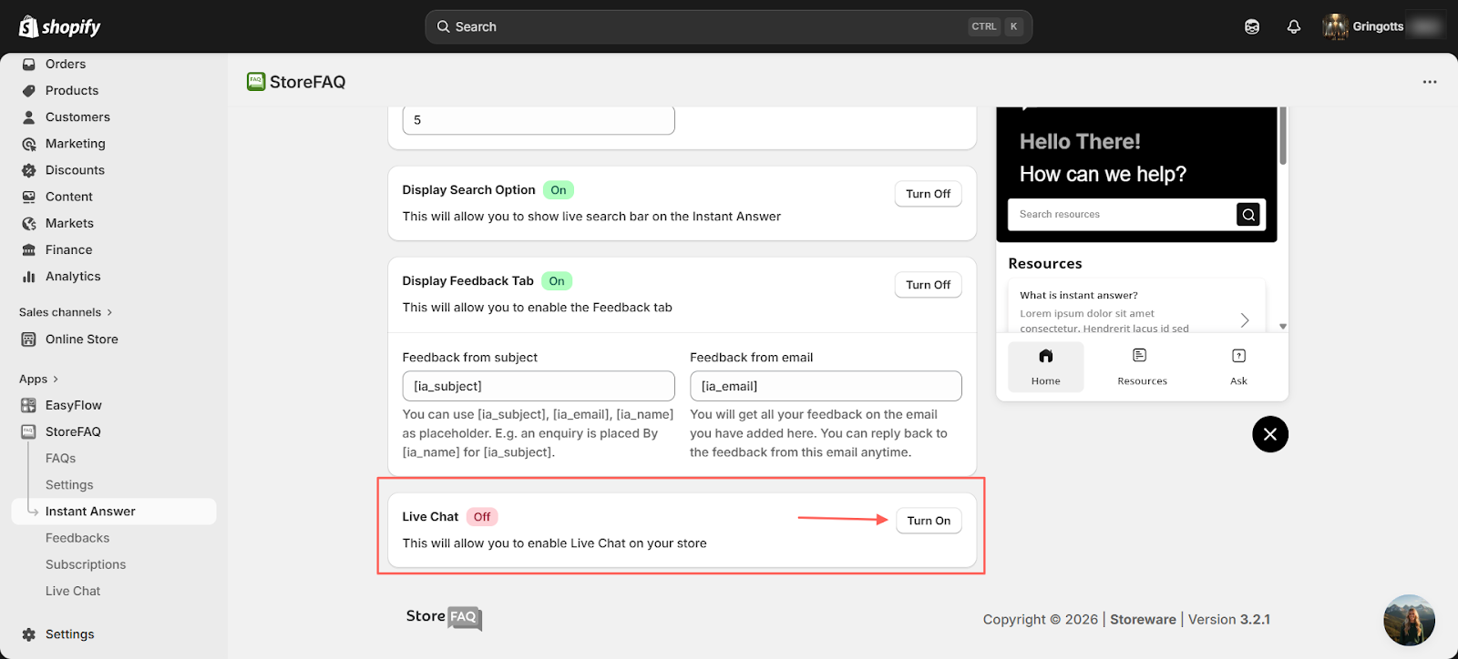 click ‘Turn On’ to activate the feature for your store.