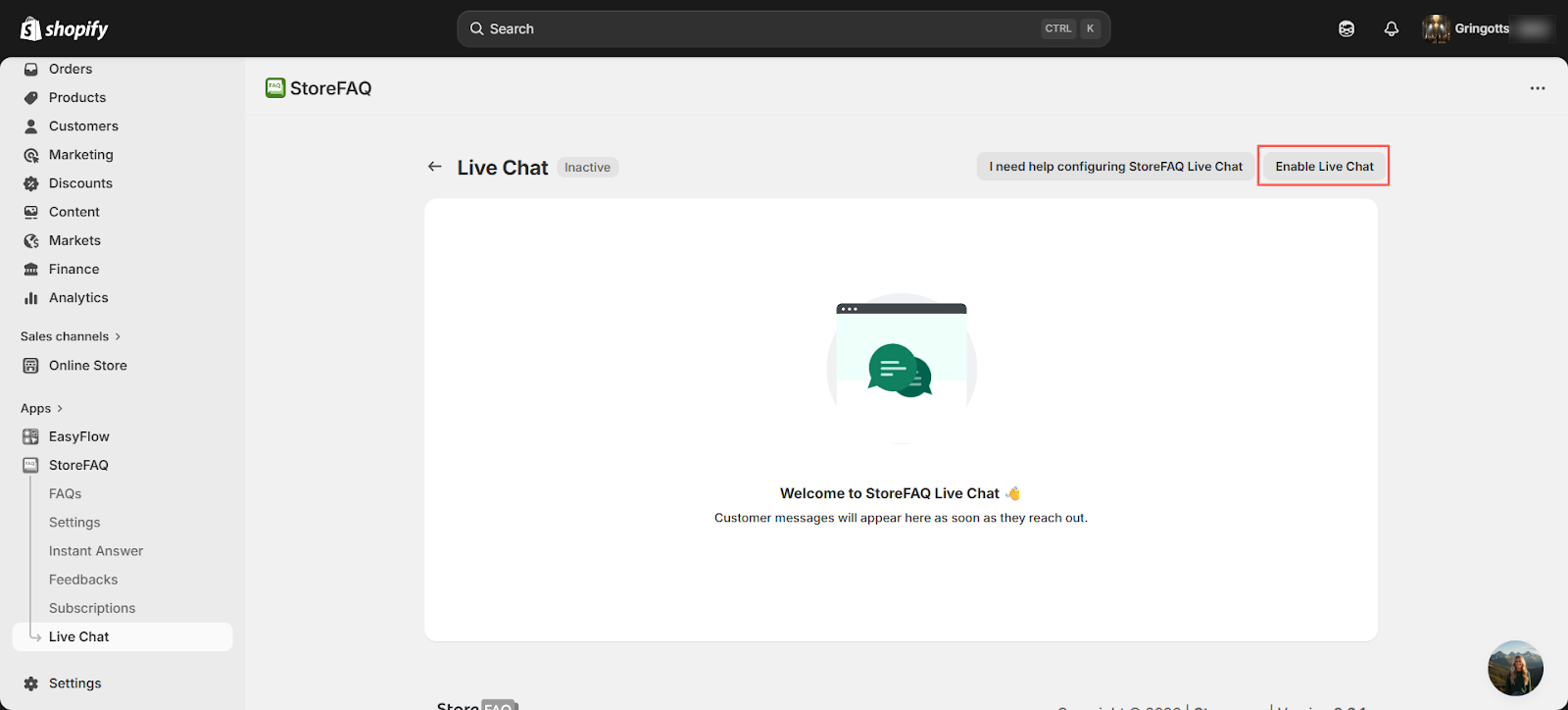 activate the live chat feature for your store
