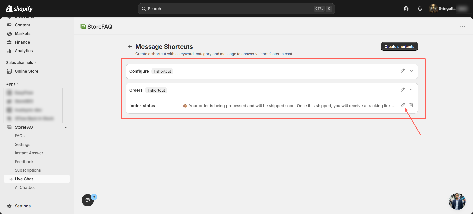 Click the ‘Edit’ button, as shown, to manage and update your shortcuts.