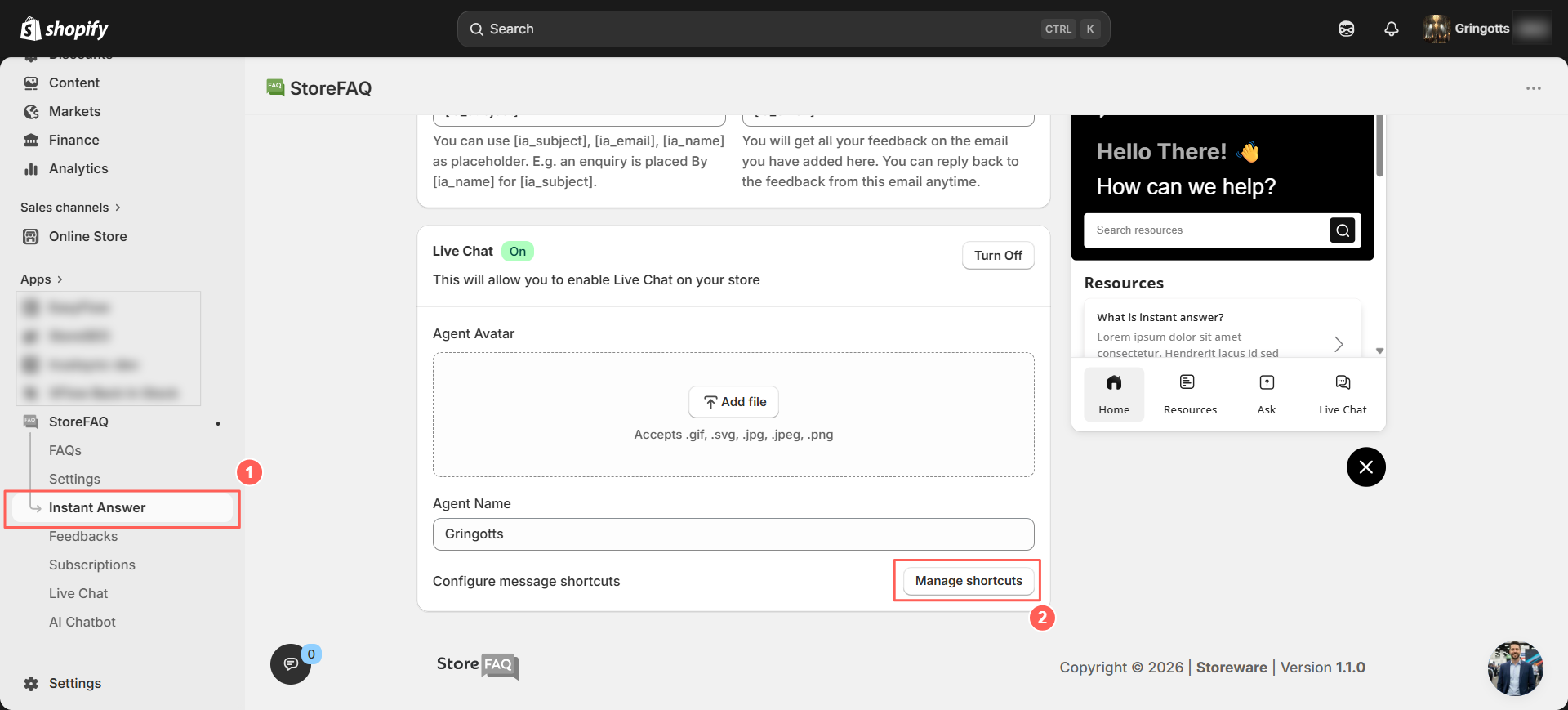 Open & Manage the Message Shortcuts