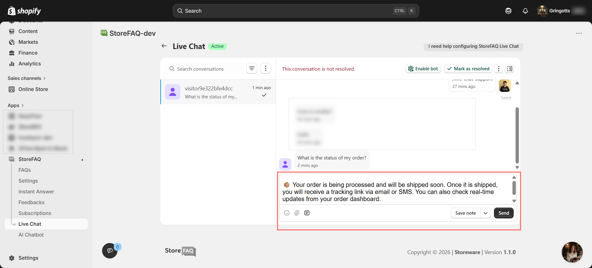 Select the required shortcut and the saved message will automatically appear in the chat box.