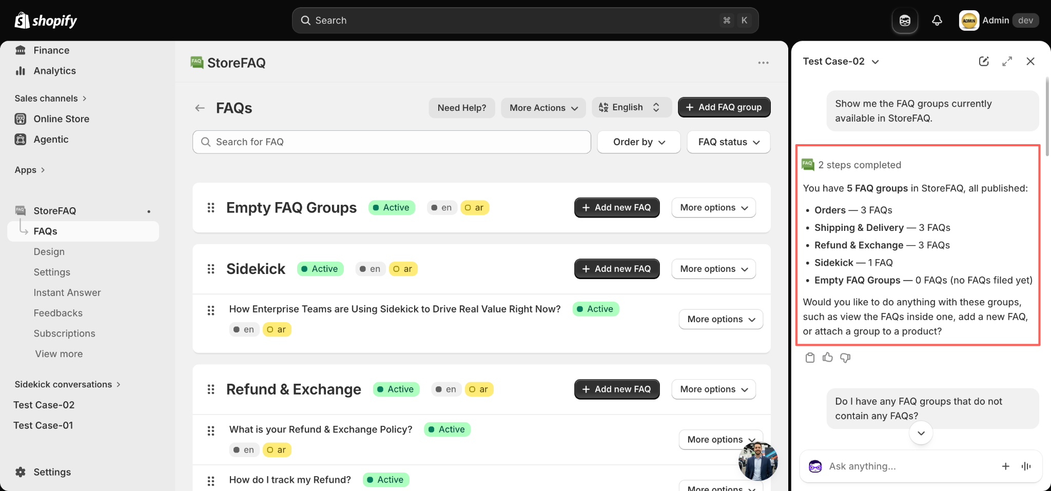 One prompt returns every FAQ group with its publish state and FAQ count.