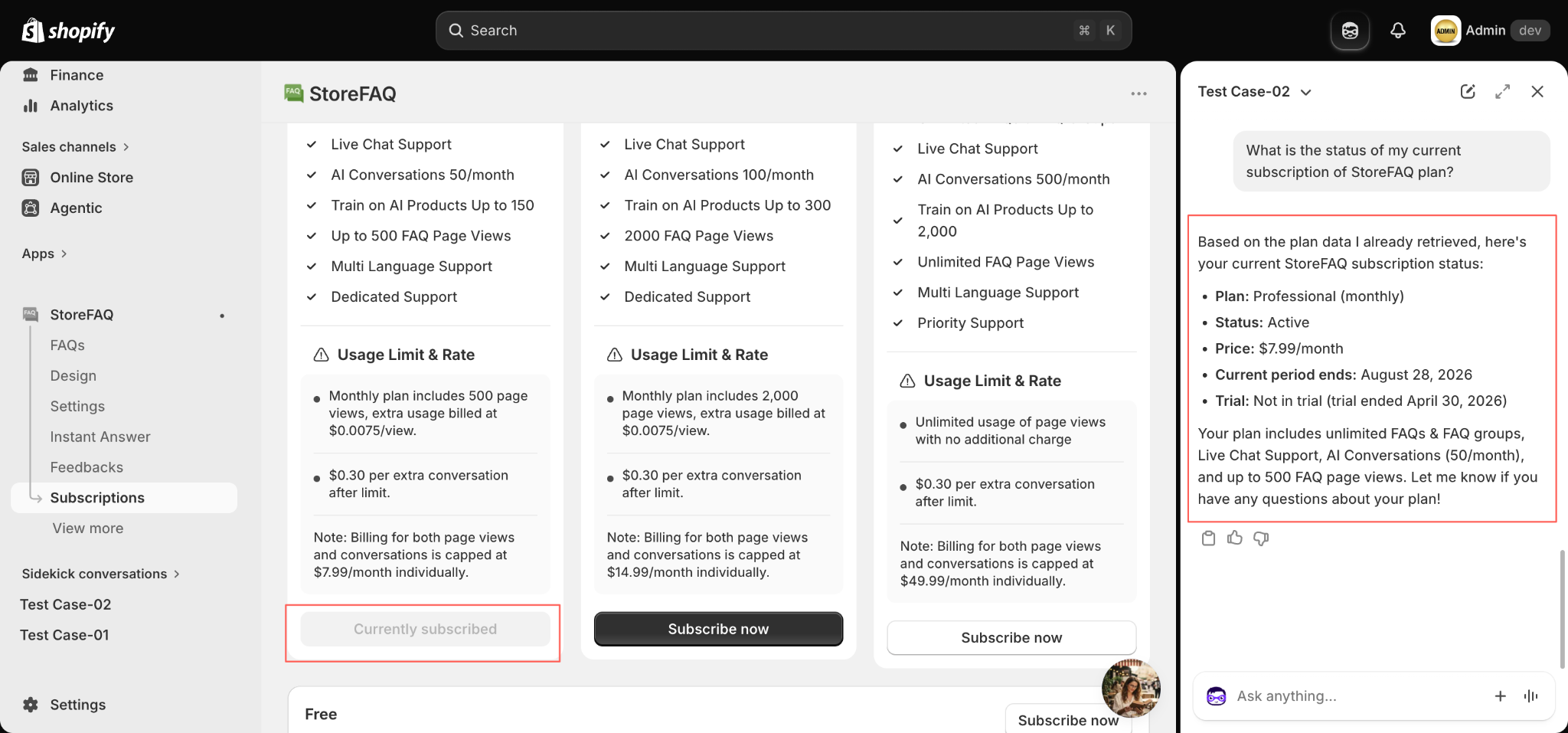 Plan, price, status and renewal date returned in one answer.