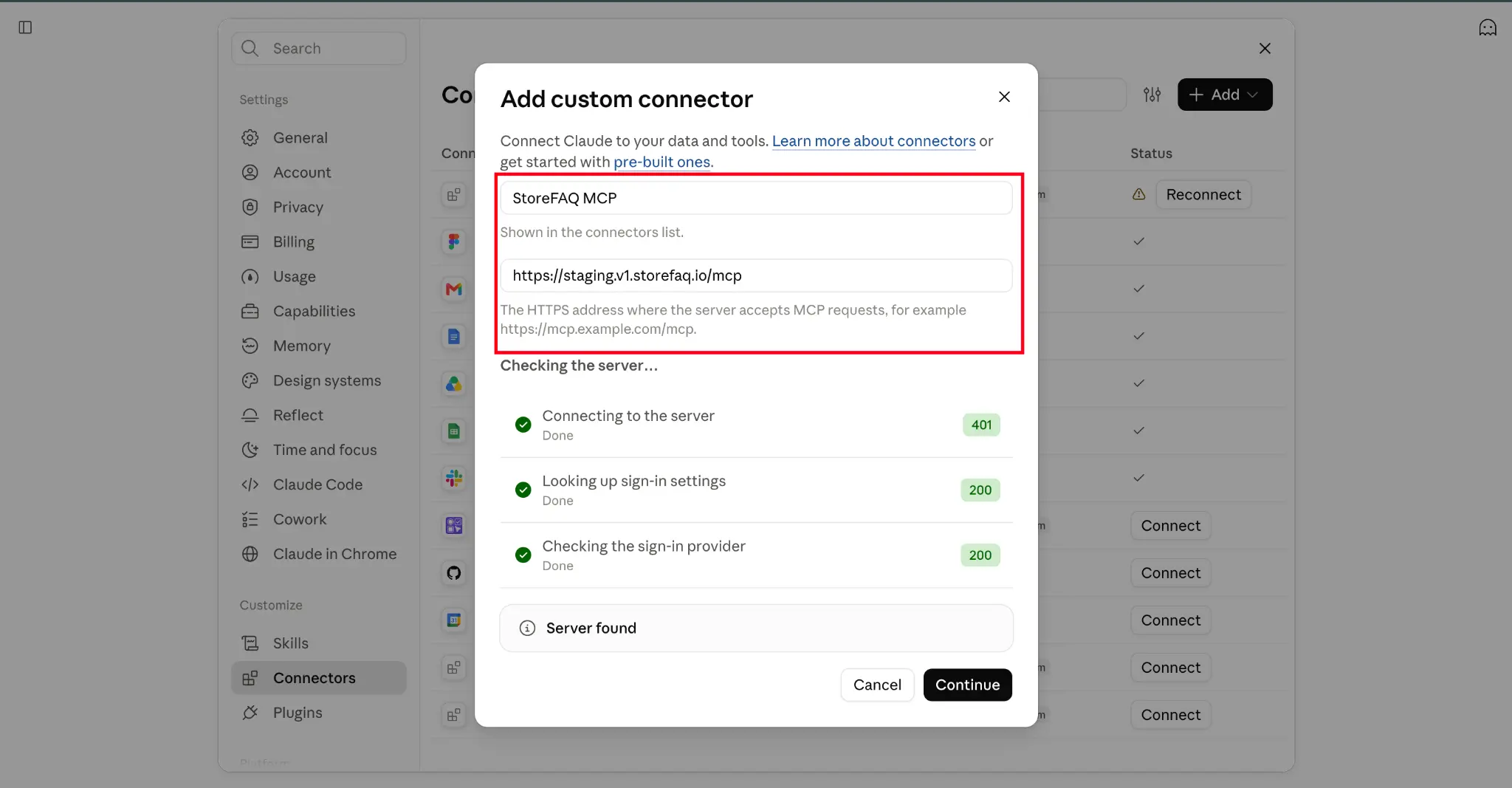 Enter Connector URL